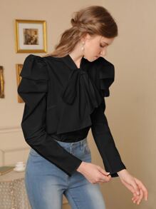 SHEIN MOD Áo sơ mi nữ Xù Thắt nơ trước màu trơn Thanh lịch - màu đen - Xem 3