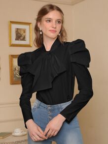 SHEIN MOD Áo sơ mi nữ Xù Thắt nơ trước màu trơn Thanh lịch - màu đen - Xem 4