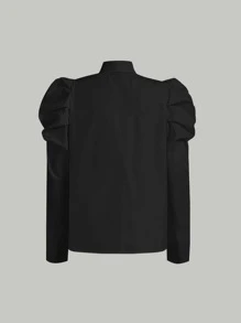 SHEIN MOD Áo sơ mi nữ Xù Thắt nơ trước màu trơn Thanh lịch - màu đen - Xem 8