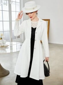 Lapel Collar Lace Plicated Detail Coat - White - View 1