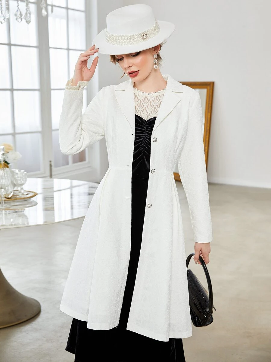 Lapel Collar Lace Plicated Detail Coat - White - View 1