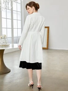 Lapel Collar Lace Plicated Detail Coat - White - View 2