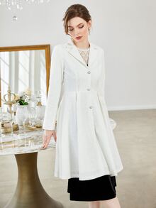 Lapel Collar Lace Plicated Detail Coat - White - View 3