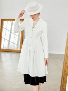 Lapel Collar Lace Plicated Detail Coat - White - View 4
