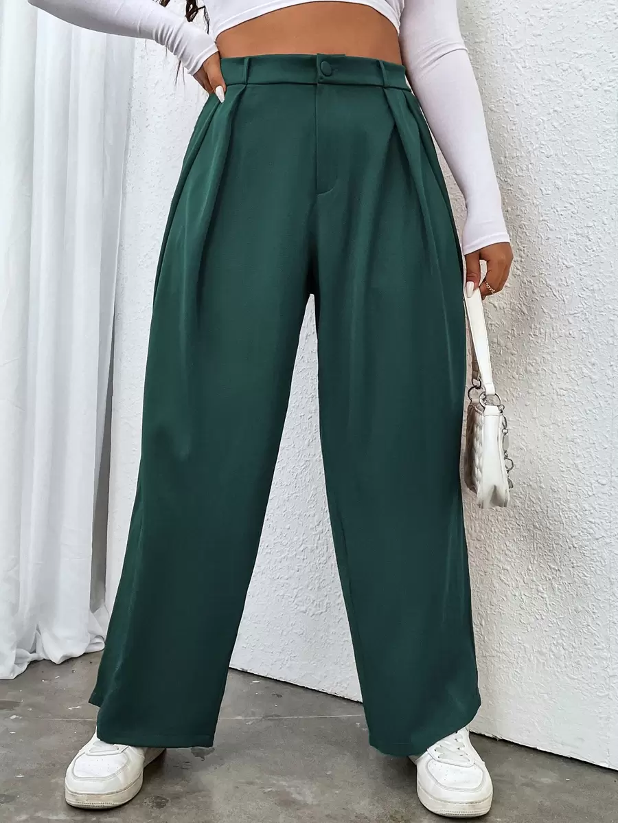 Flirla 大碼高腰褶皺定制西褲 - 墨綠色 - 查看 1