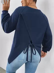 Calvaya Plus Asymmetrical Hem Drop Shoulder Sweatshirt - Navy Blue - View 1