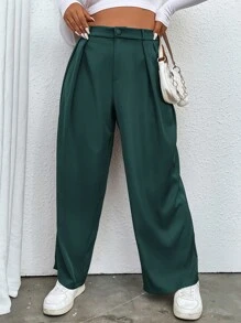 Flirla 大碼高腰褶皺定制西褲 - 墨綠色 - 查看 3