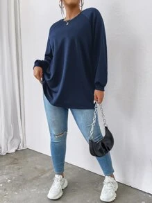 Calvaya Plus Asymmetrical Hem Drop Shoulder Sweatshirt - Navy Blue - View 3