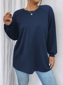 Calvaya Plus Asymmetrical Hem Drop Shoulder Sweatshirt - Navy Blue - View 4