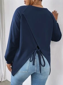 Calvaya Plus Asymmetrical Hem Drop Shoulder Sweatshirt - Navy Blue - View 5
