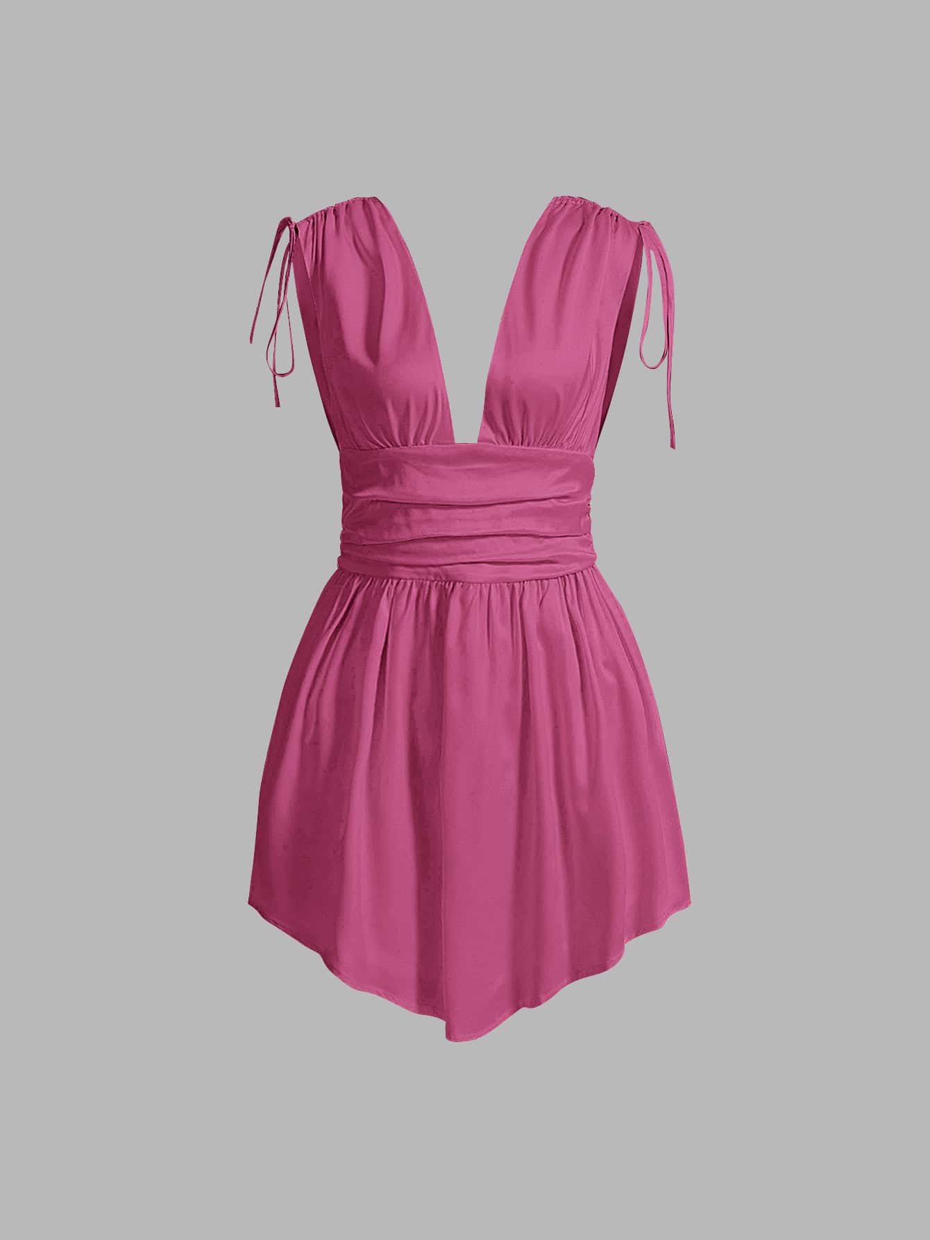 SHEIN MOD Solid Deep V Neck Knotted Shoulder Ruched Dress - Hot Pink - View 1