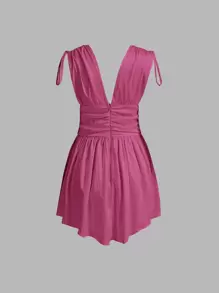 SHEIN MOD Solid Deep V Neck Knotted Shoulder Ruched Dress - Hot Pink - View 2