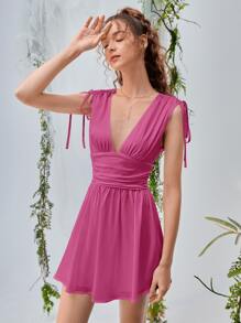 SHEIN MOD Solid Deep V Neck Knotted Shoulder Ruched Dress - Hot Pink - View 6