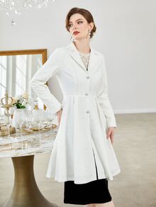 Lapel Collar Lace Plicated Detail Coat - White - View 6
