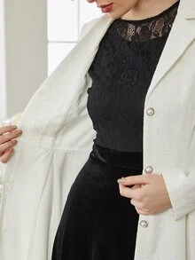 Lapel Collar Lace Plicated Detail Coat - White - View 7