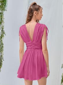 SHEIN MOD Solid Deep V Neck Knotted Shoulder Ruched Dress - Hot Pink - View 9