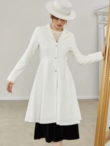 Lapel Collar Lace Plicated Detail Coat - White - View 8