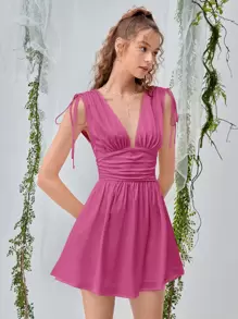 SHEIN MOD Solid Deep V Neck Knotted Shoulder Ruched Dress - Hot Pink - View 10