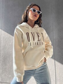 Flirla 字母刺绣落肩抽绳保暖连帽衫，长袖上衣，毕业季、教师节、返校季套头衫 - 杏色 - 查看 6