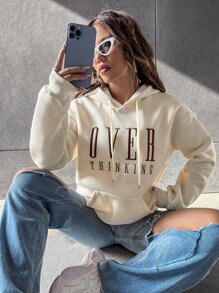 Flirla 字母刺绣落肩抽绳保暖连帽衫，长袖上衣，毕业季、教师节、返校季套头衫 - 杏色 - 查看 7