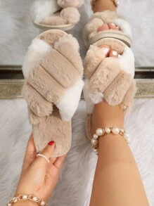 Two Tone Criss Cross Fluffy Bedroom Slippers, Multicolor Fashionable Women's Indoor Slippers With Color Block Design - Multicolor - View 1