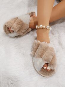 Two Tone Criss Cross Fluffy Bedroom Slippers, Multicolor Fashionable Women's Indoor Slippers With Color Block Design - Multicolor - View 3