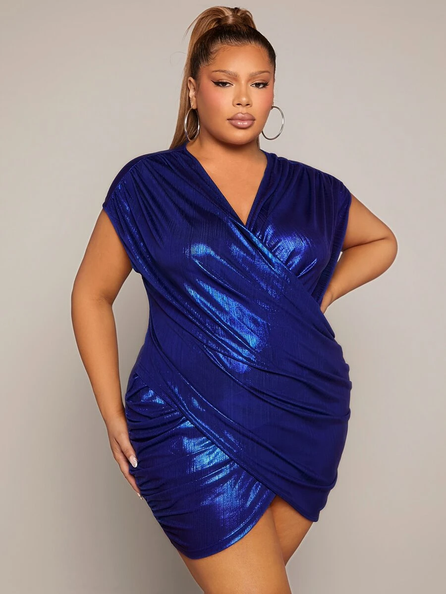 SHEIN SXY Plus Ruched Wrap Bodycon Metallic Dress - Royal Blue - View 1