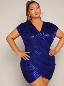 SHEIN SXY Plus Ruched Wrap Bodycon Metallic Dress - Royal Blue - View 5
