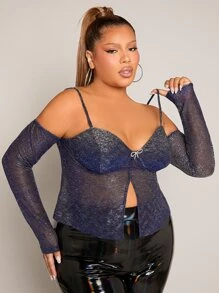 SHEIN SXY Plus Rhinestone Bow Detail Cold Shoulder Mesh Top Without Bra - Navy Blue - View 3