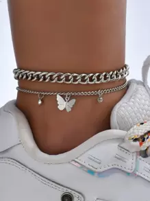 2pcs Butterfly & Rhinestone Charm Anklet - Silver - View 1