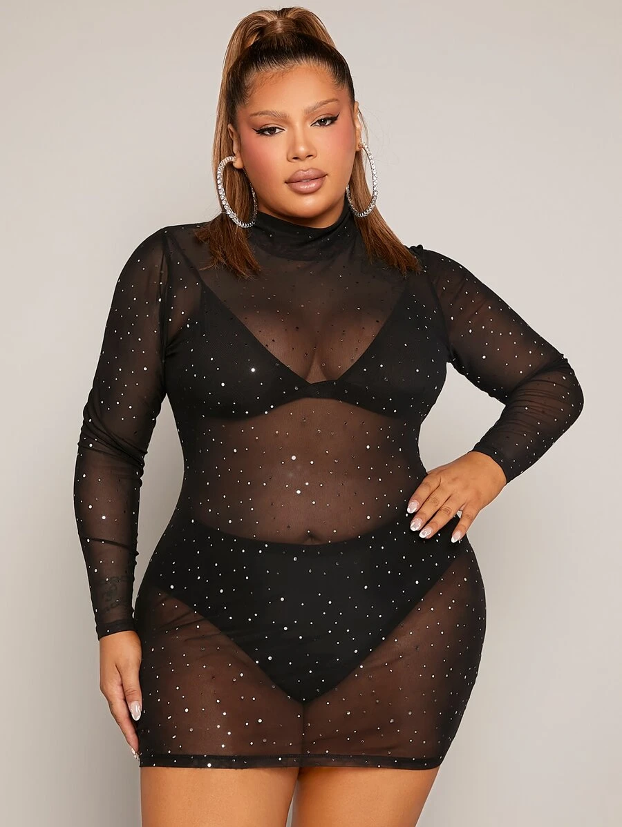 SHEIN SXY Plus Mock Neck Rhinestone Sheer Mesh Bodycon Dress Without Lingerie - Black - View 1