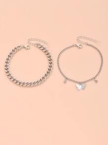 2pcs Butterfly & Rhinestone Charm Anklet - Silver - View 2