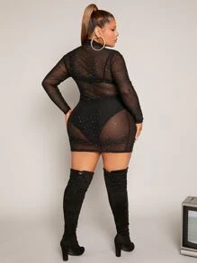 SHEIN SXY Plus Mock Neck Rhinestone Sheer Mesh Bodycon Dress Without Lingerie - Black - View 2