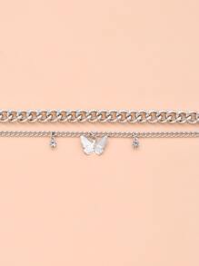 2pcs Butterfly & Rhinestone Charm Anklet - Silver - View 3