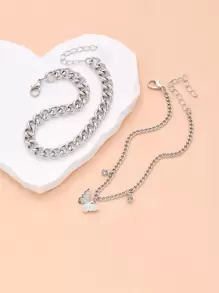 2pcs Butterfly & Rhinestone Charm Anklet - Silver - View 4