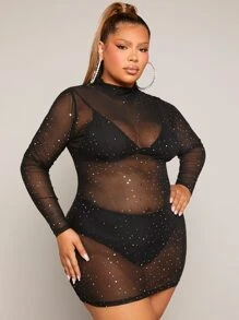 SHEIN SXY Plus Mock Neck Rhinestone Sheer Mesh Bodycon Dress Without Lingerie - Black - View 4