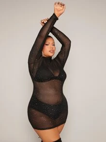 SHEIN SXY Plus Mock Neck Rhinestone Sheer Mesh Bodycon Dress Without Lingerie - Black - View 5