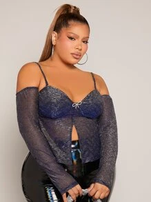SHEIN SXY Plus Rhinestone Bow Detail Cold Shoulder Mesh Top Without Bra - Navy Blue - View 1