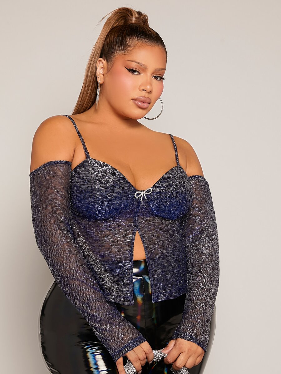 SHEIN SXY Plus Rhinestone Bow Detail Cold Shoulder Mesh Top Without Bra - Navy Blue - View 1