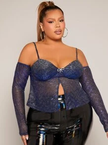 SHEIN SXY Plus Rhinestone Bow Detail Cold Shoulder Mesh Top Without Bra - Navy Blue - View 2