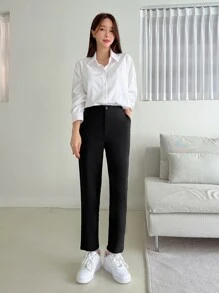 DAZY High Waist Straight Leg Pants - Hitam - View 8