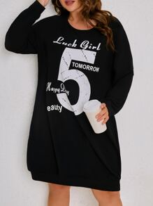 SHEIN Unity 大碼字母圖案落肩袖衛衣洋裝 - 黑色 - 查看 1