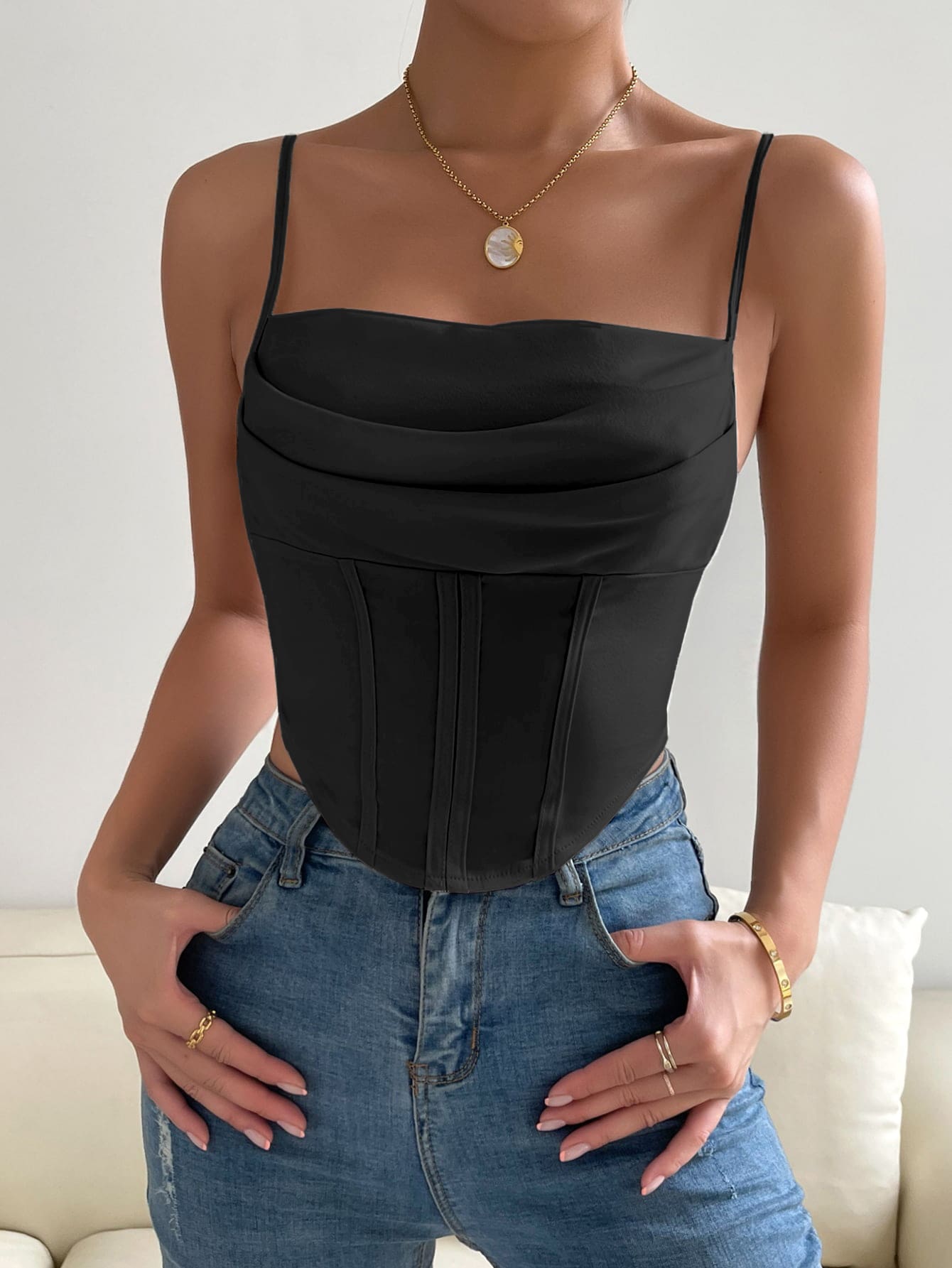 Allurite Solid Asymmetrical Hem Crop Cami Top - Black - View 1