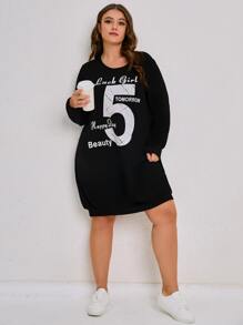 SHEIN Unity 大碼字母圖案落肩袖衛衣洋裝 - 黑色 - 查看 4