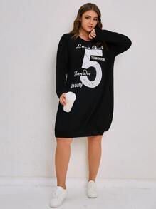SHEIN Unity 大碼字母圖案落肩袖衛衣洋裝 - 黑色 - 查看 5