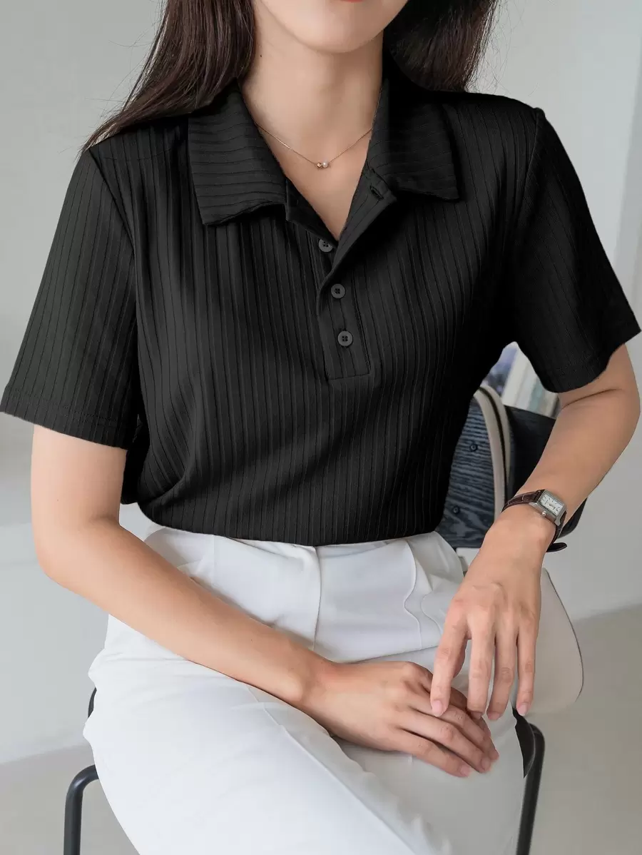 DAZY Áo thun cổ bẻ dệt kim, trang phục công sở thường ngày cho nữ - màu đen - Xem 1