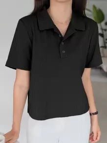 DAZY Áo thun cổ bẻ dệt kim, trang phục công sở thường ngày cho nữ - màu đen - Xem 3