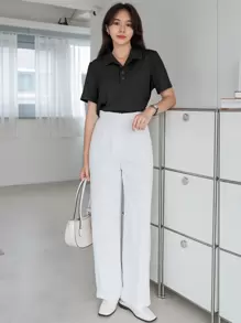DAZY Áo thun cổ bẻ dệt kim, trang phục công sở thường ngày cho nữ - màu đen - Xem 4