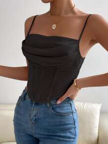 Allurite Solid Asymmetrical Hem Crop Cami Top - Black - View 5