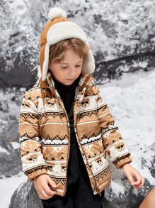 SHEIN 年轻男孩几何与卡通图案拉链连帽棉服外套